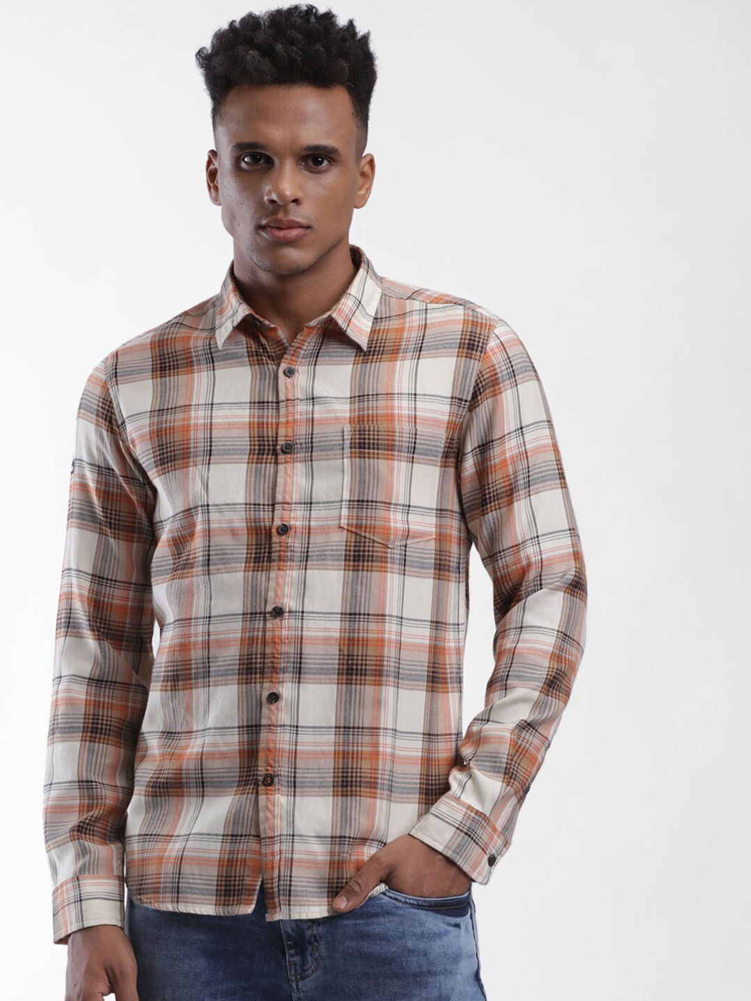 

STARTER Men Beige Slim Fit Tartan Checks Checked Polycotton Casual Shirt