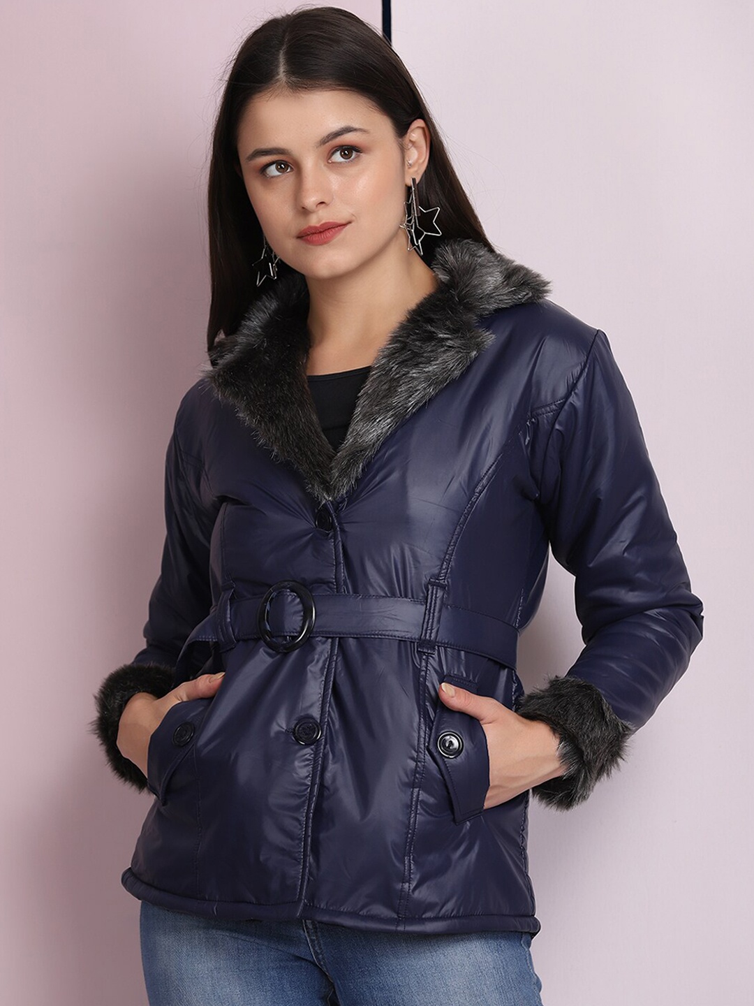 

BUY NEW TREND Women Navy Blue Floral Lightweight Longline Padded Jacket