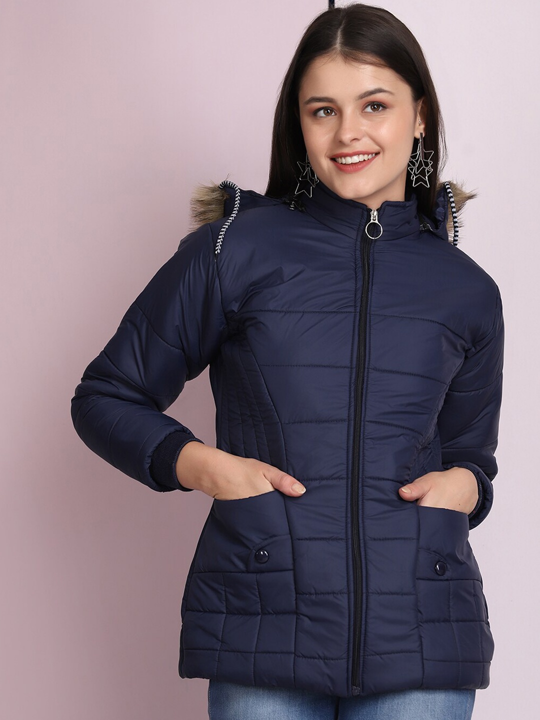 

BUY NEW TREND Women Navy Blue Checked Lightweight Longline Parka Jacket