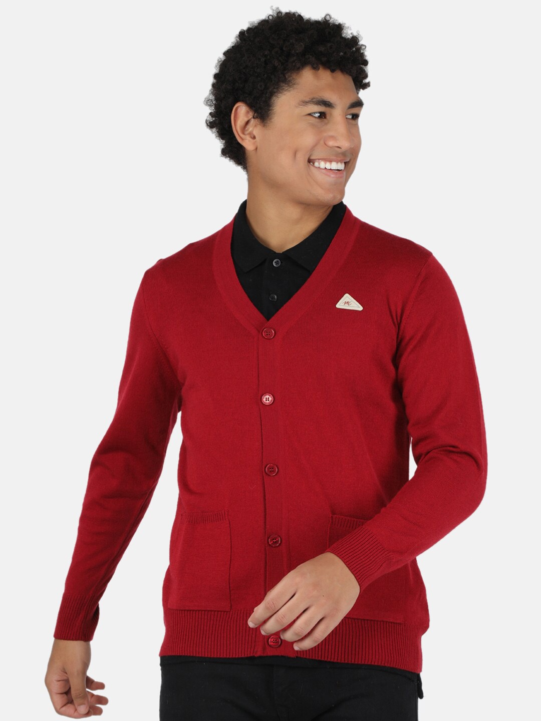 

Monte Carlo Mens Blend Wool Maroon Solid V Neck Cardigan