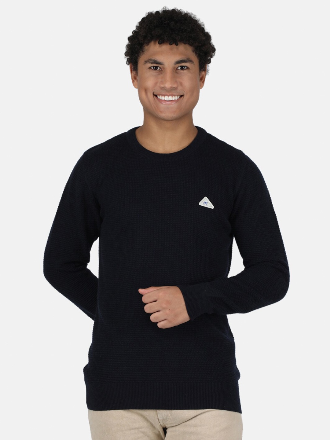 

Monte Carlo Men Navy Blue Self Designed Wool Pullover