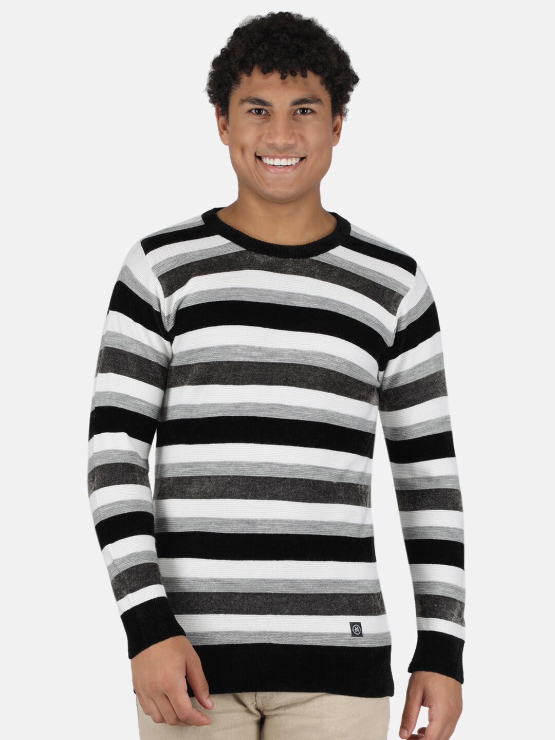 

Monte Carlo Men Black & White Striped Colourblocked Pullover with Applique Detail