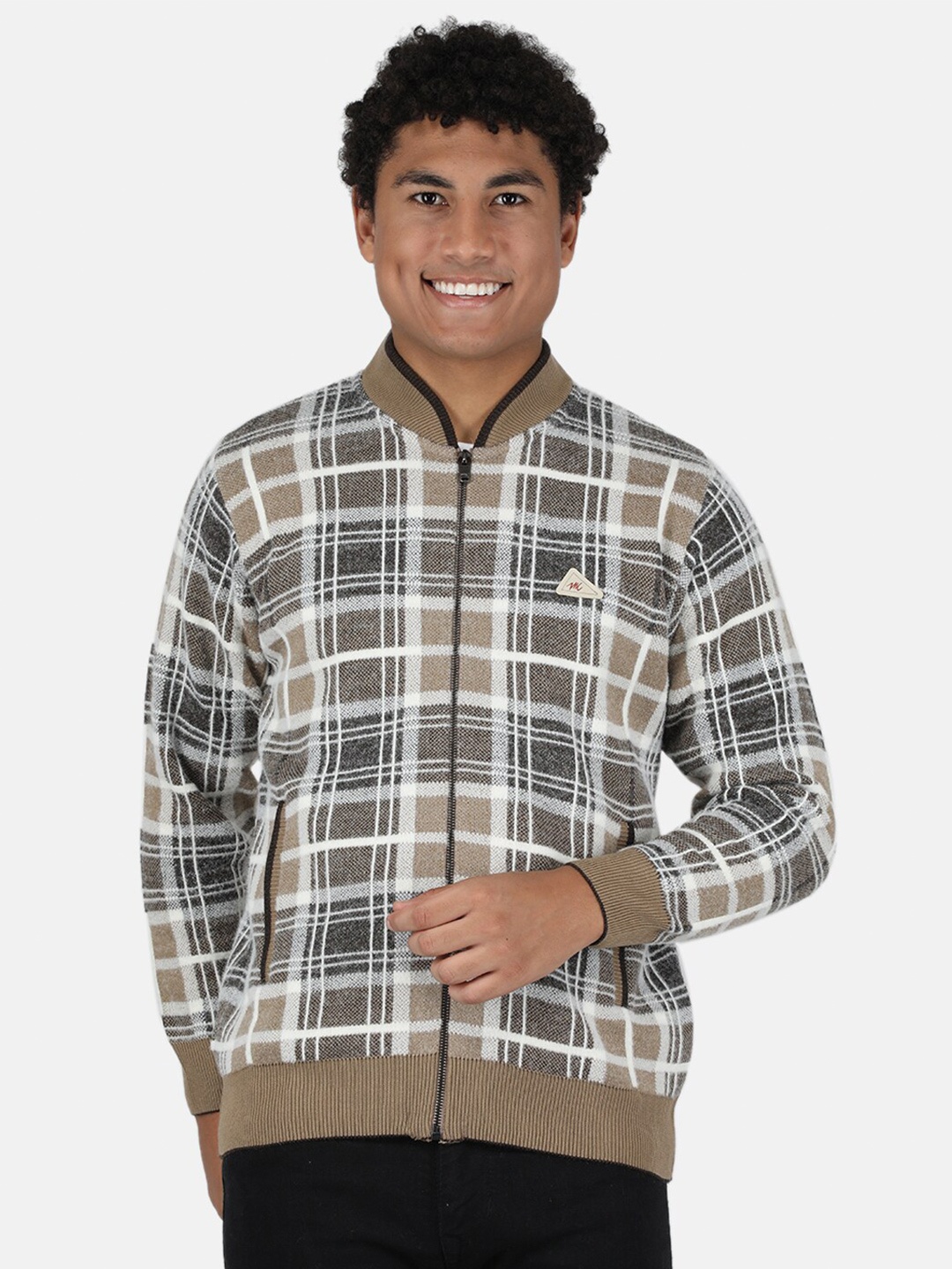 

Monte Carlo Men Brown & White Blend Wool Checked Cardigan