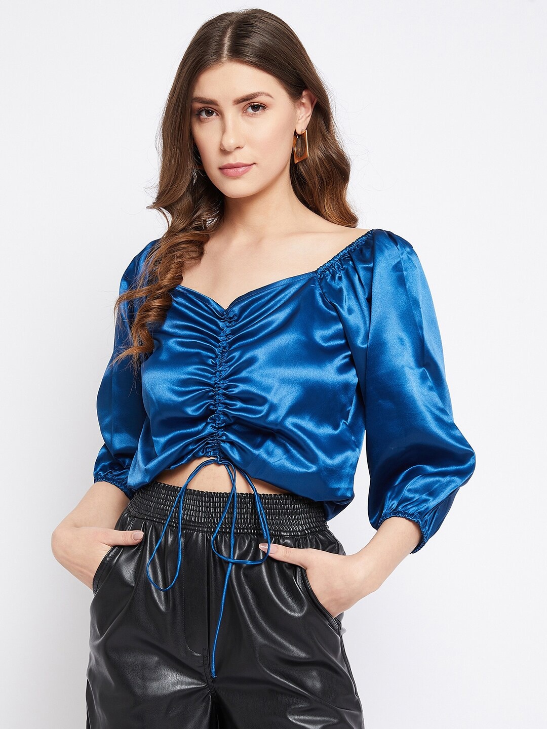

Bitterlime Turquoise Blue Sweetheart Neck Satin Crop Top