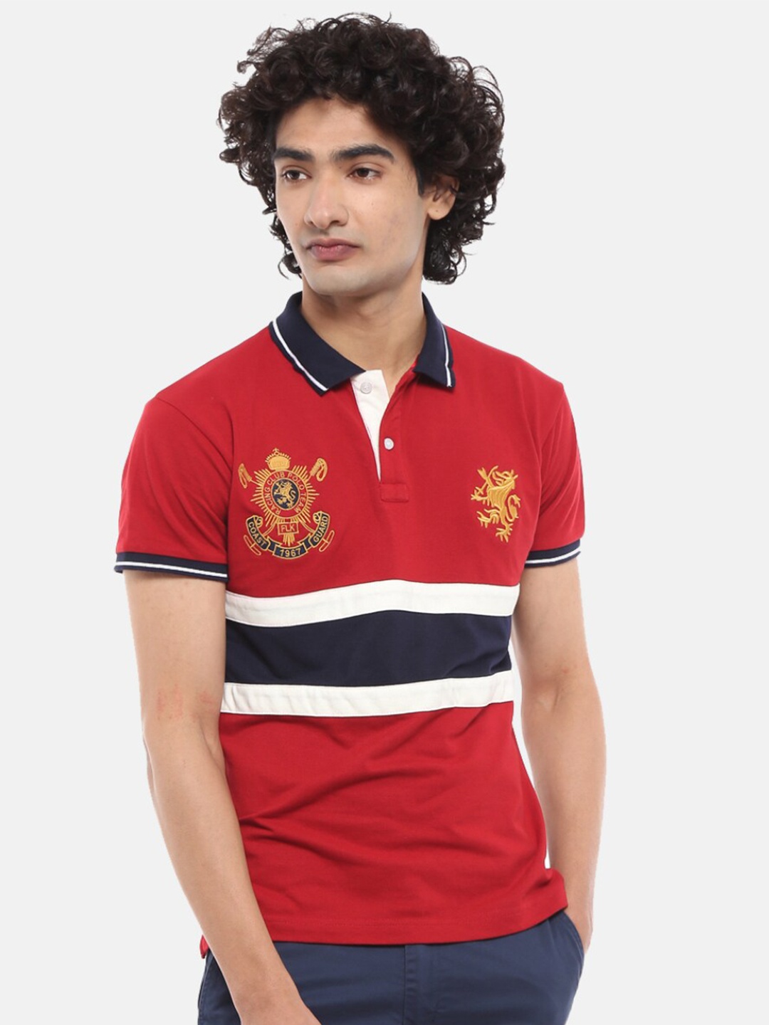 

V-Mart Men Red & White Striped Polo Collar T-shirt