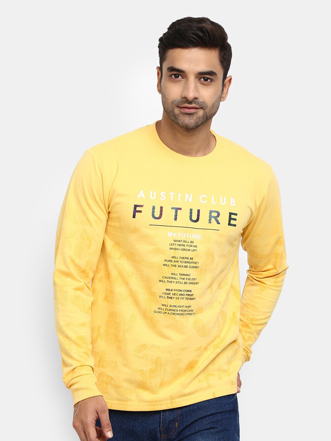 

V-Mart Men Mustard Yellow Typography Printed Raw Edge Slim Fit T-shirt