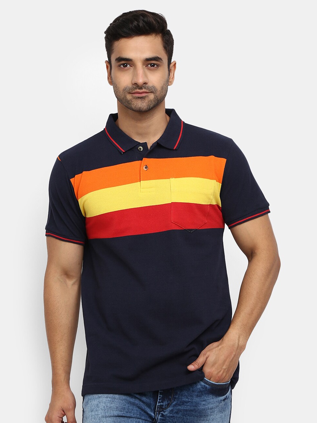 

V-Mart Men Navy Blue Striped Polo Collar T-shirt
