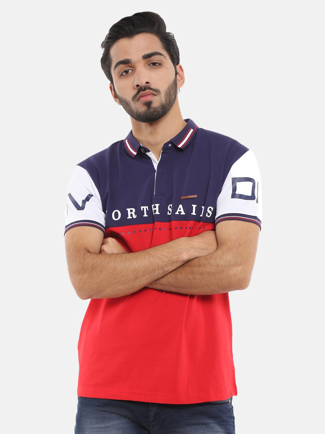 

V-Mart Men Red & White Colourblocked Polo Collar Applique Slim Fit Cotton T-shirt