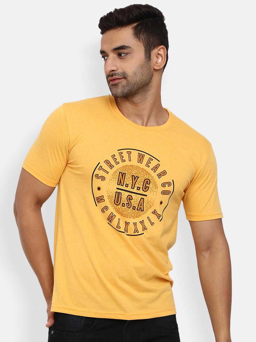

V-Mart Men Mustard Yellow Typography Printed Round Neck Slim Fit T-shirt