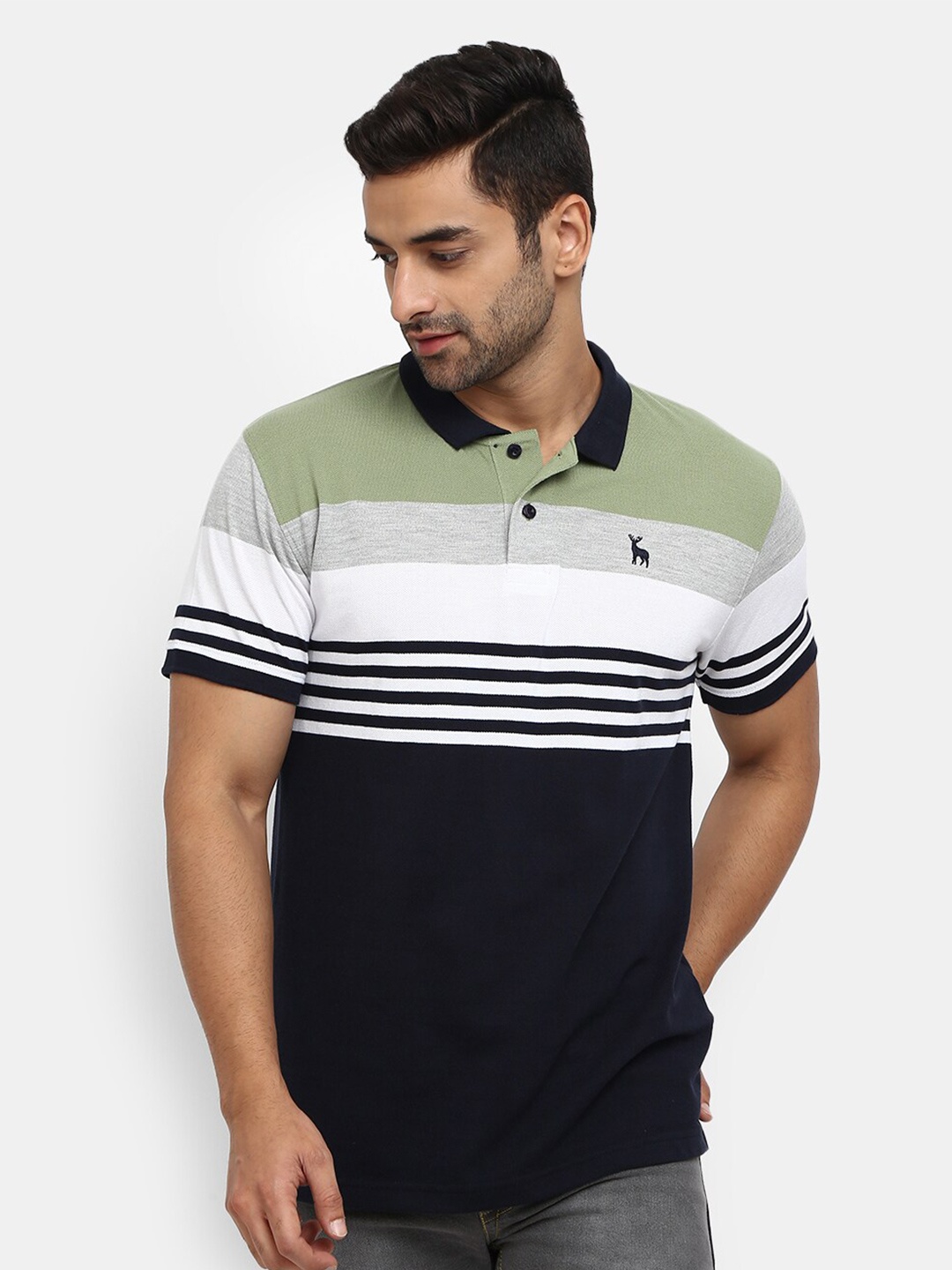 

V-Mart Men Navy Blue & Green Striped Polo Collar Cotton T-shirt