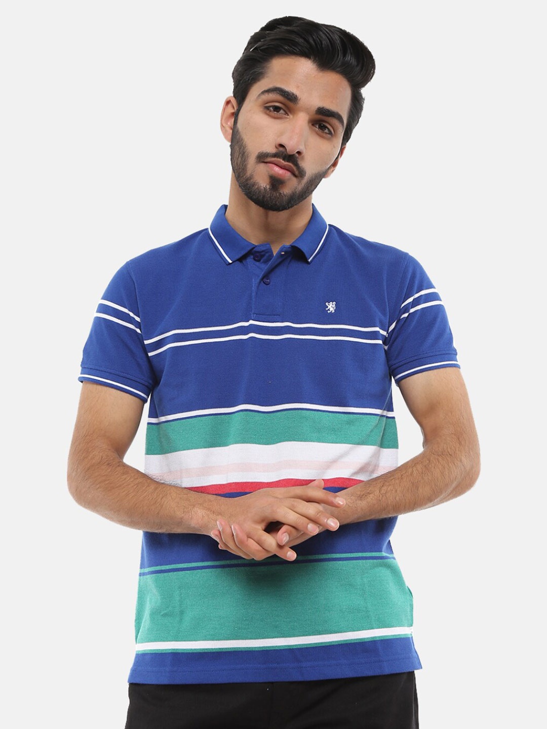 

V-Mart Men Blue Striped Polo Collar Applique T-shirt