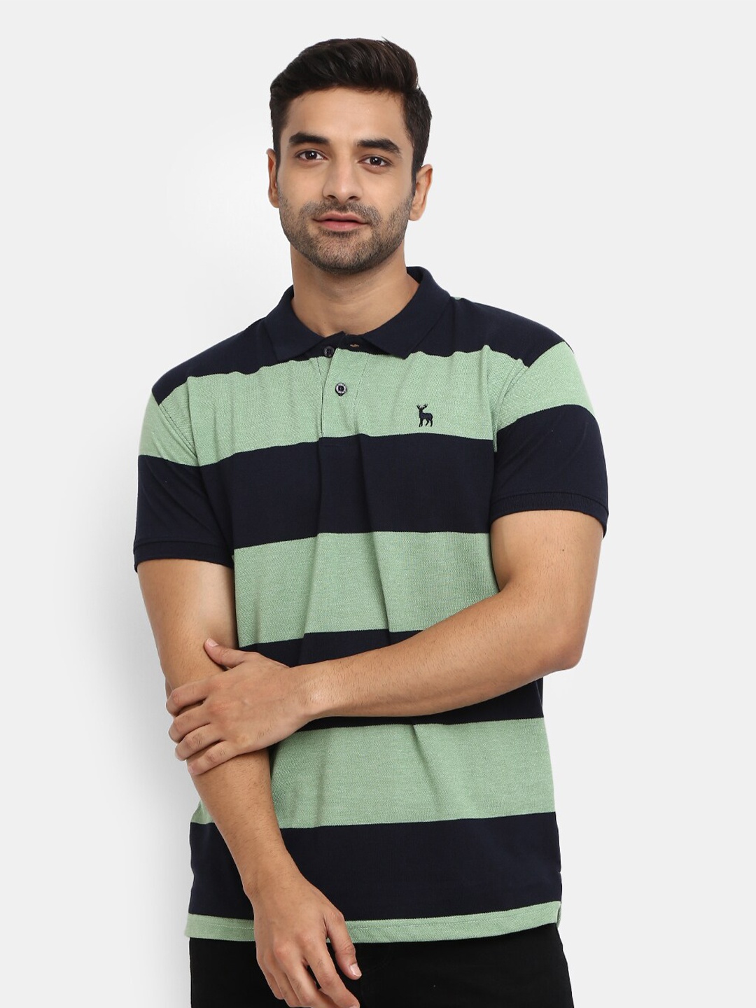 

V-Mart Men Navy Blue Striped Polo Collar T-shirt