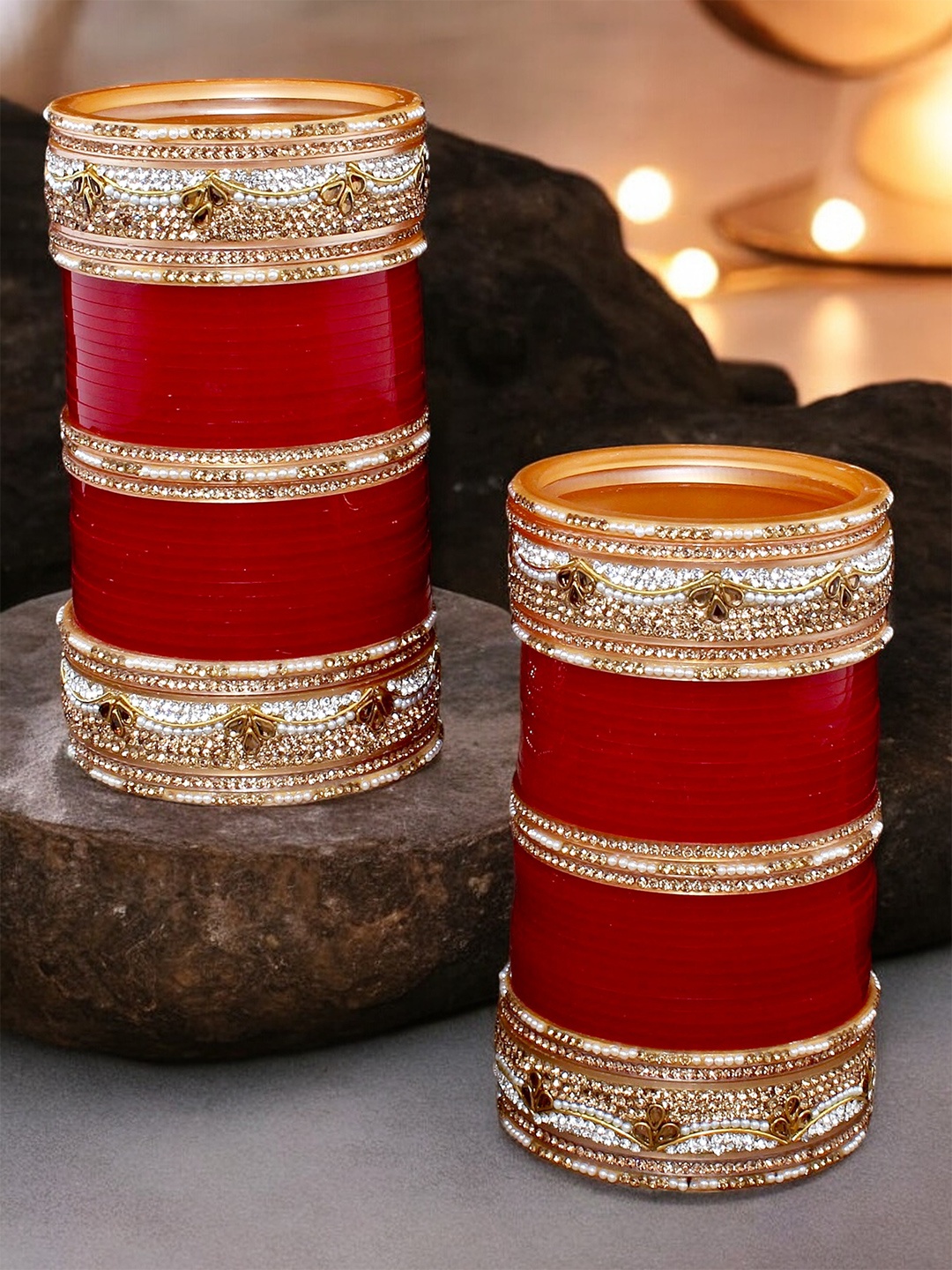 

LUCKY JEWELLERY Maroon & Gold-Toned Kundan Studded Bridal Chura Bangle Set