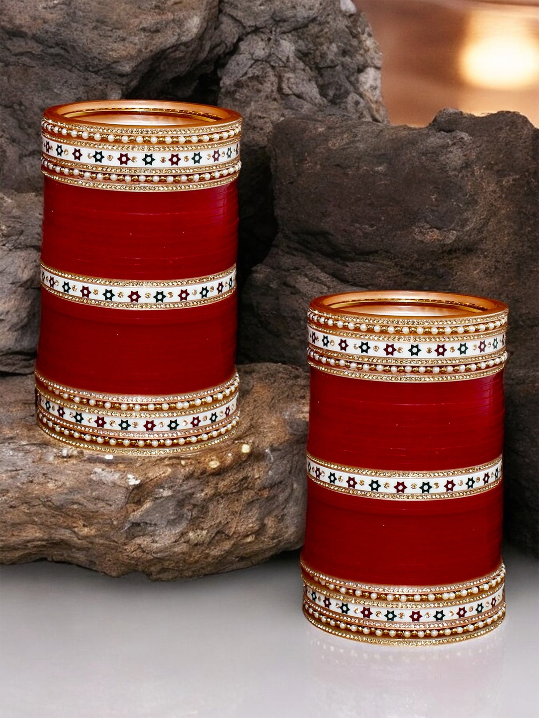 

LUCKY JEWELLERY Maroon & White Bridal Wedding Punjabi Chuda CZ Studded Bangles Set