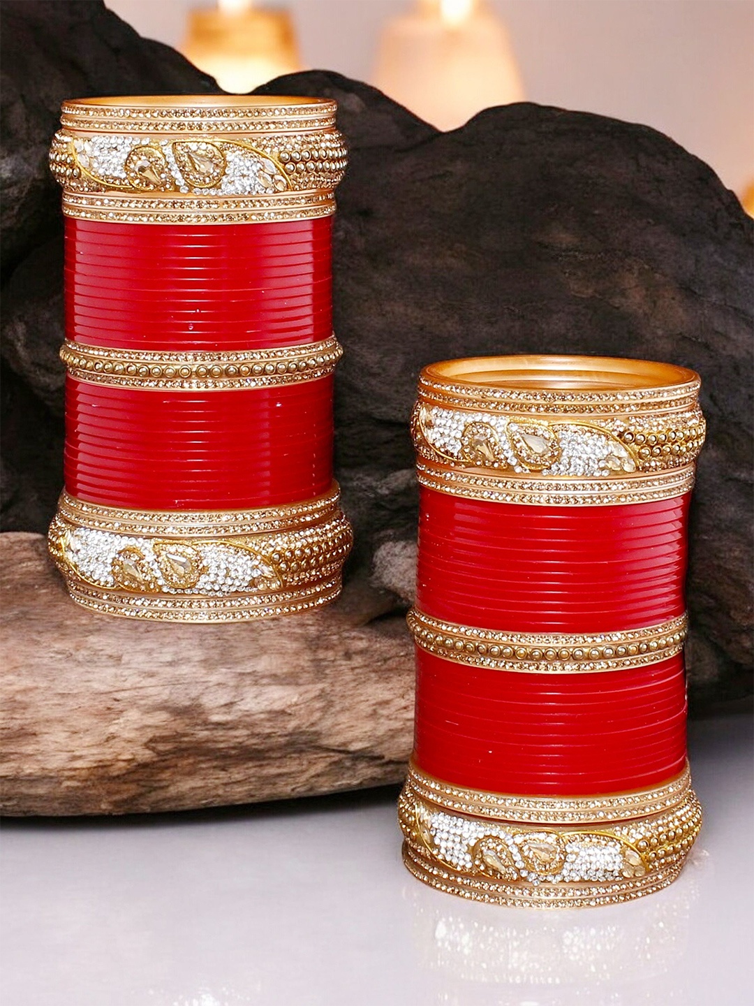 

LUCKY JEWELLERY Red & Gold-Toned AD Studded Bridal Wedding Punjabi Chuda Bangle Set