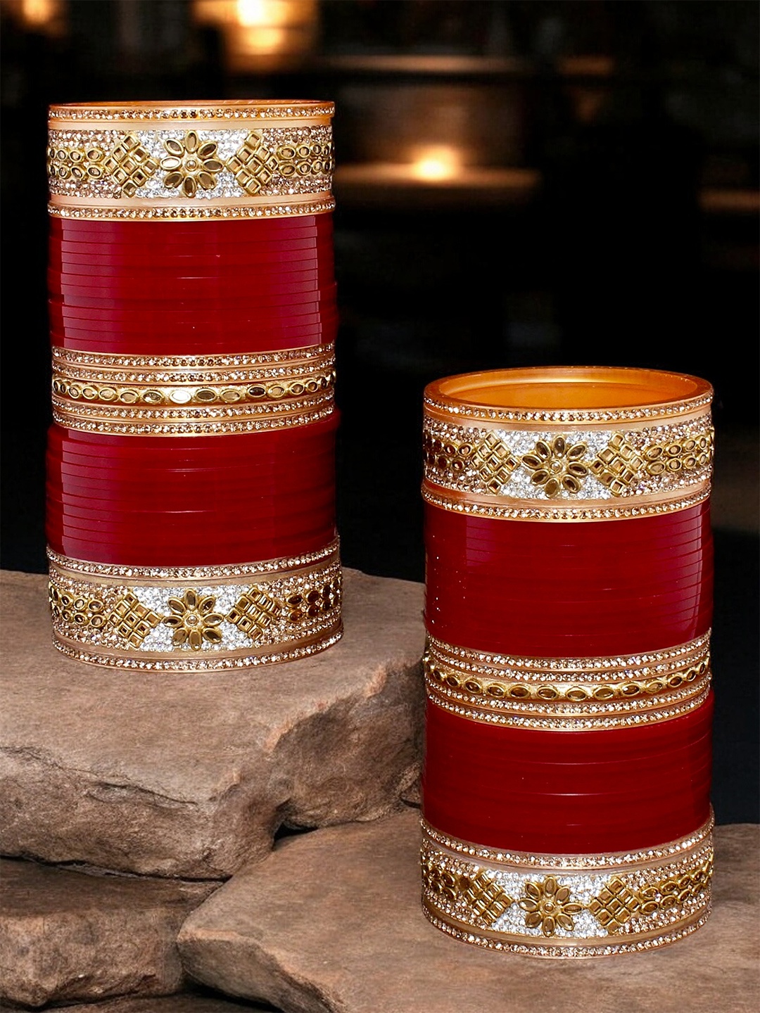 

LUCKY JEWELLERY Gold-Toned & Maroon CZ & Kundan Studded Chura Bangle Set