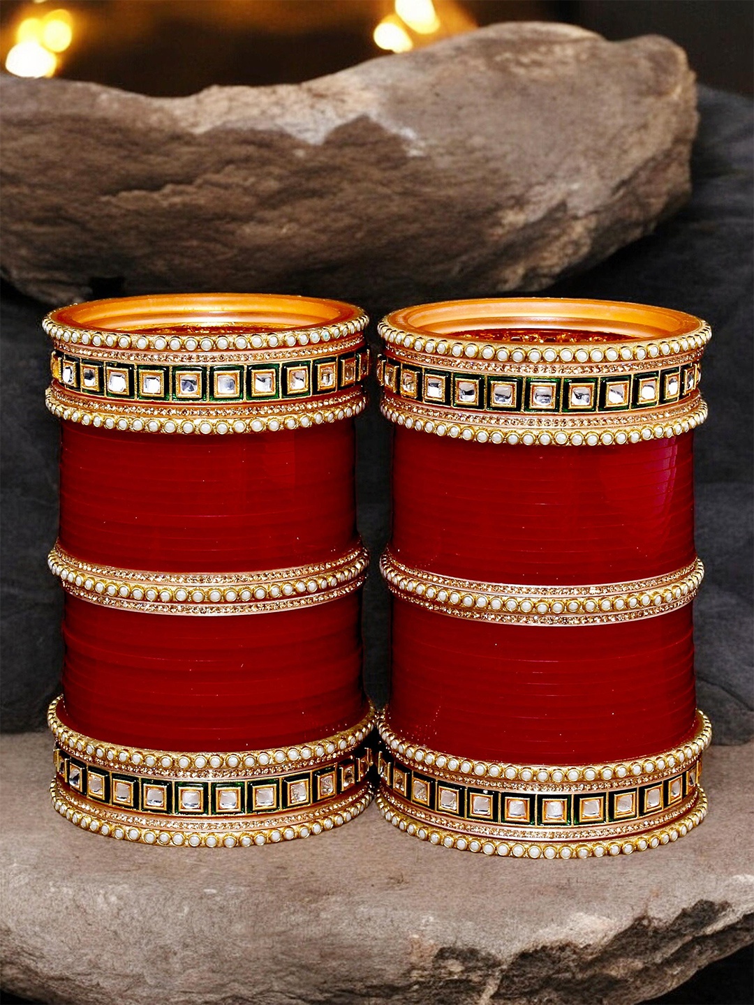 

LUCKY JEWELLERY Maroon Red & White CZ Studded Bangles Set