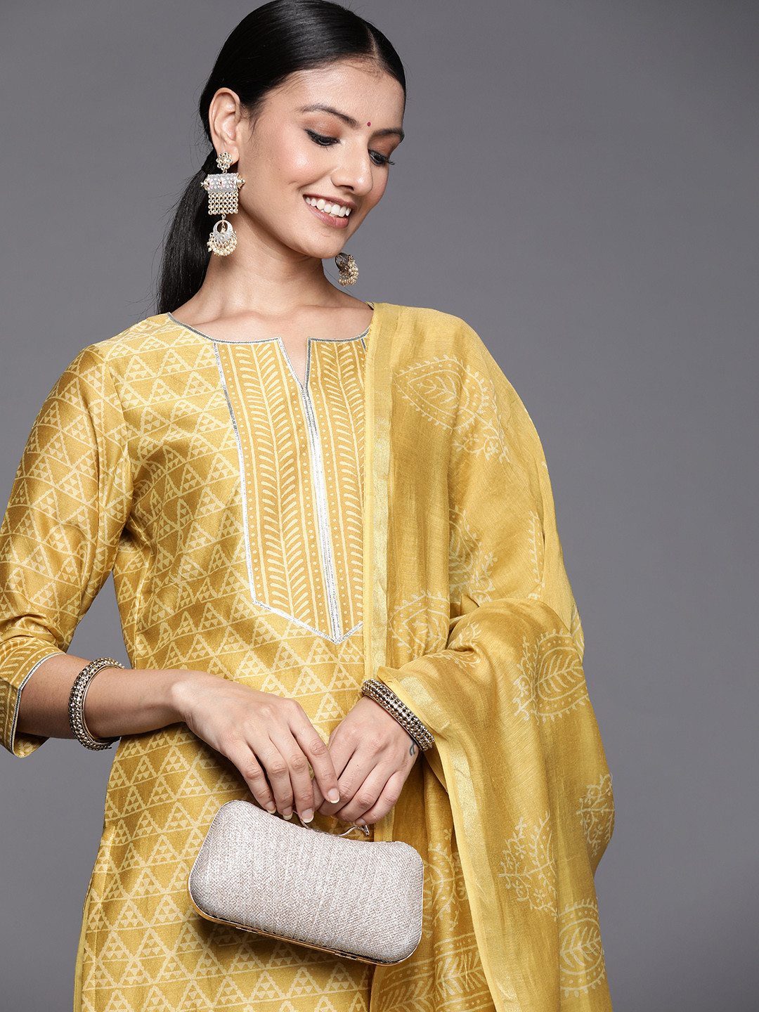 

Libas Women Mustard Yellow Ethnic Printed Gotta Patti Kurta with Trousers & Dupatta