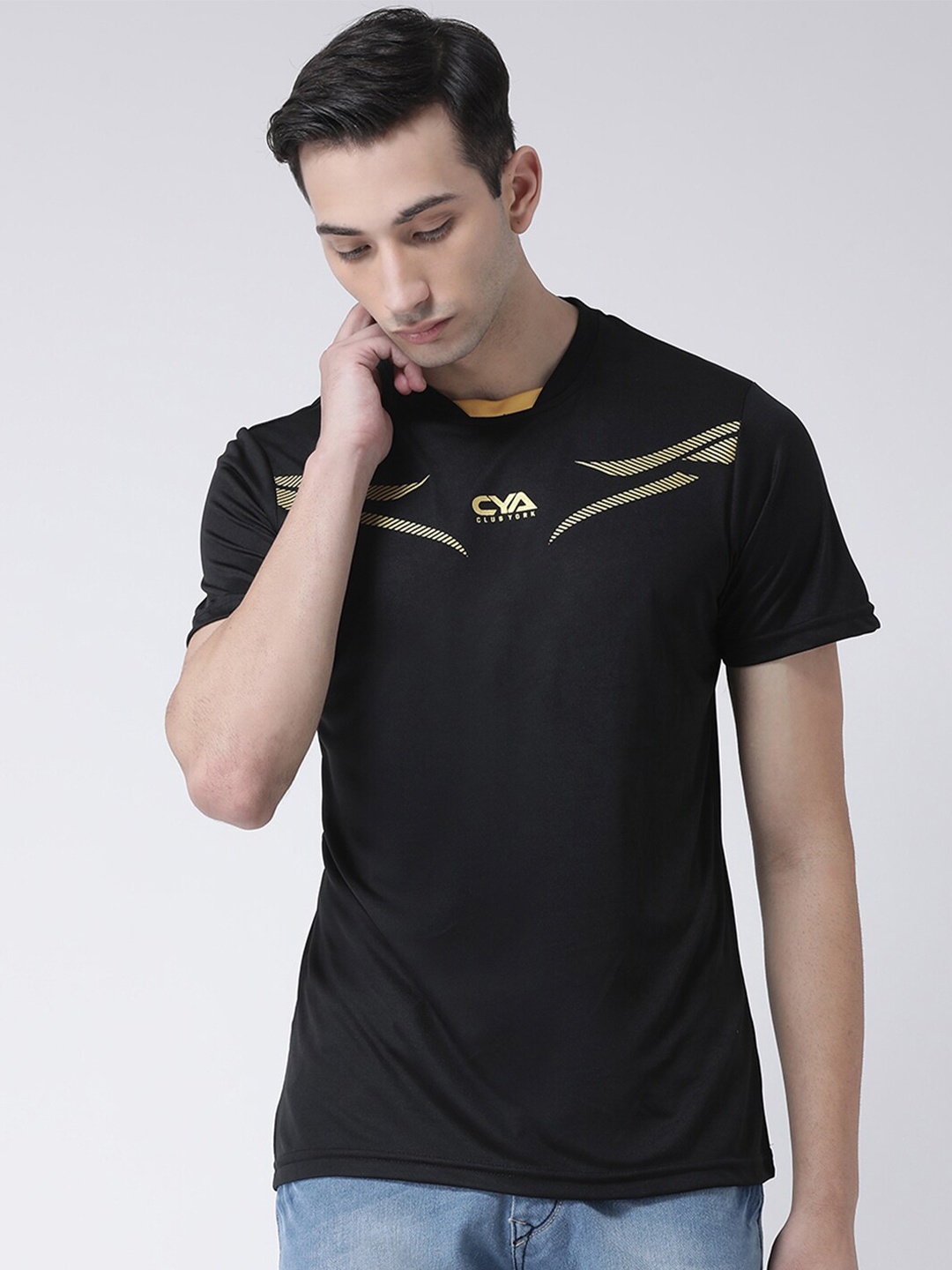 

Club York Men Black Typography Mandarin Collar T-shirt