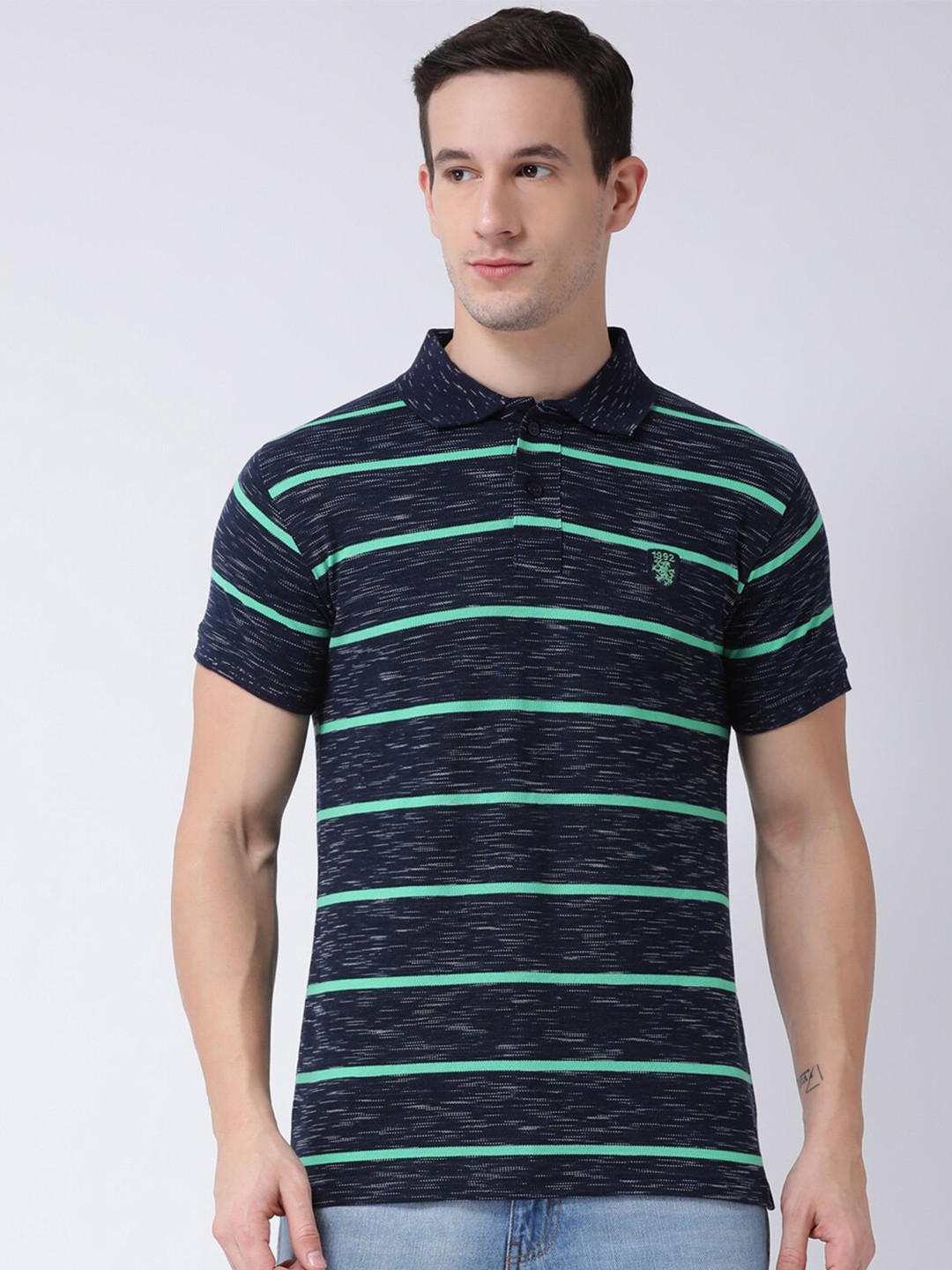 

Club York Men Navy Blue Striped Polo Collar Cotton T-shirt