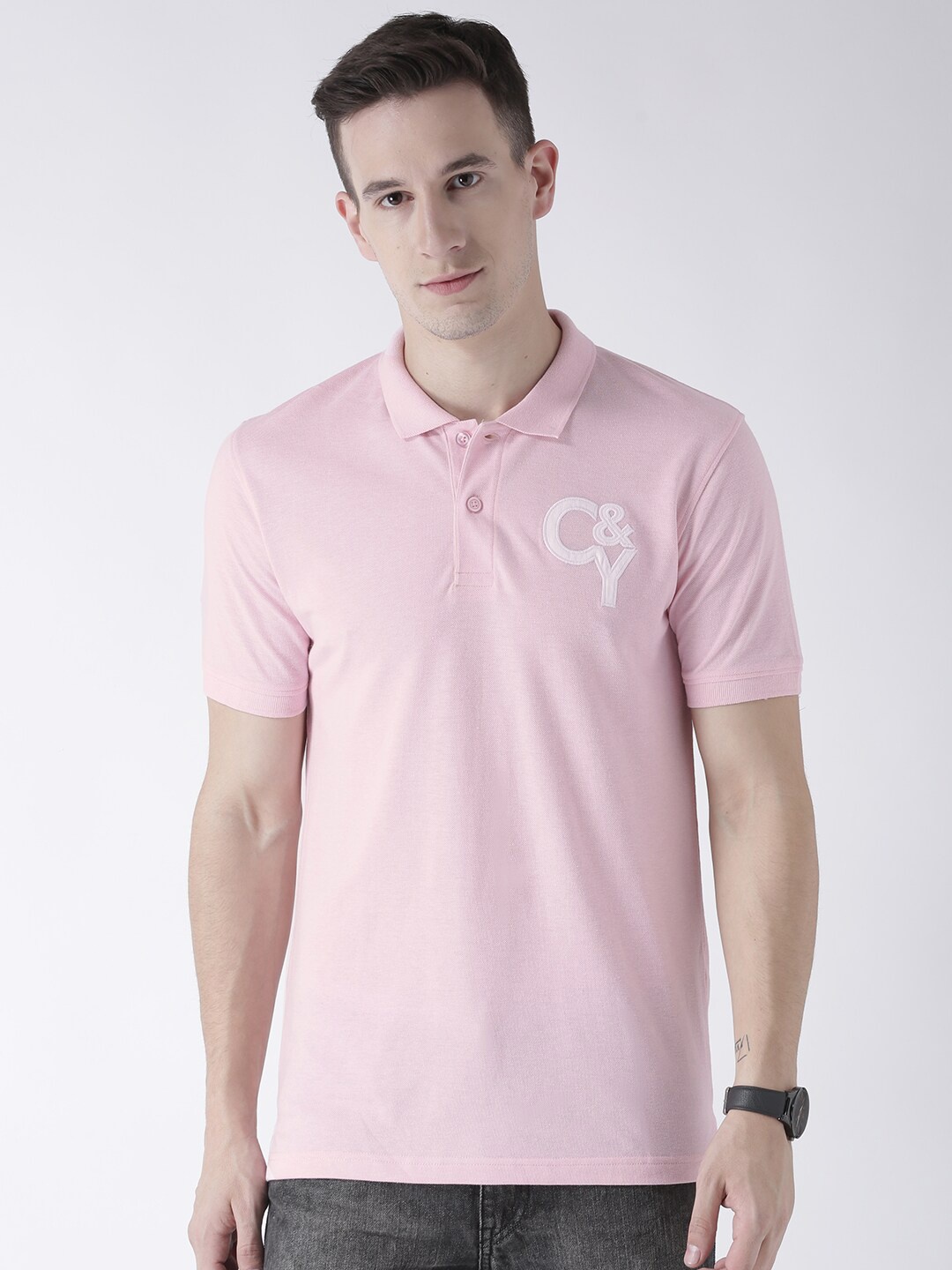 

Club York Men Pink Typography Polo Collar Applique T-shirt