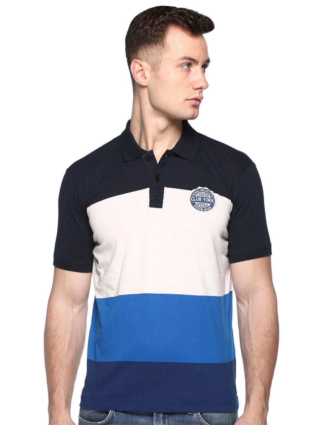 

Club York Men Blue & Black Colourblocked Polo Collar T-shirt
