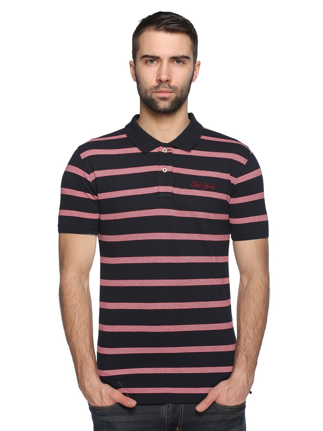 

Club York Men Black Striped Polo Collar T-shirt