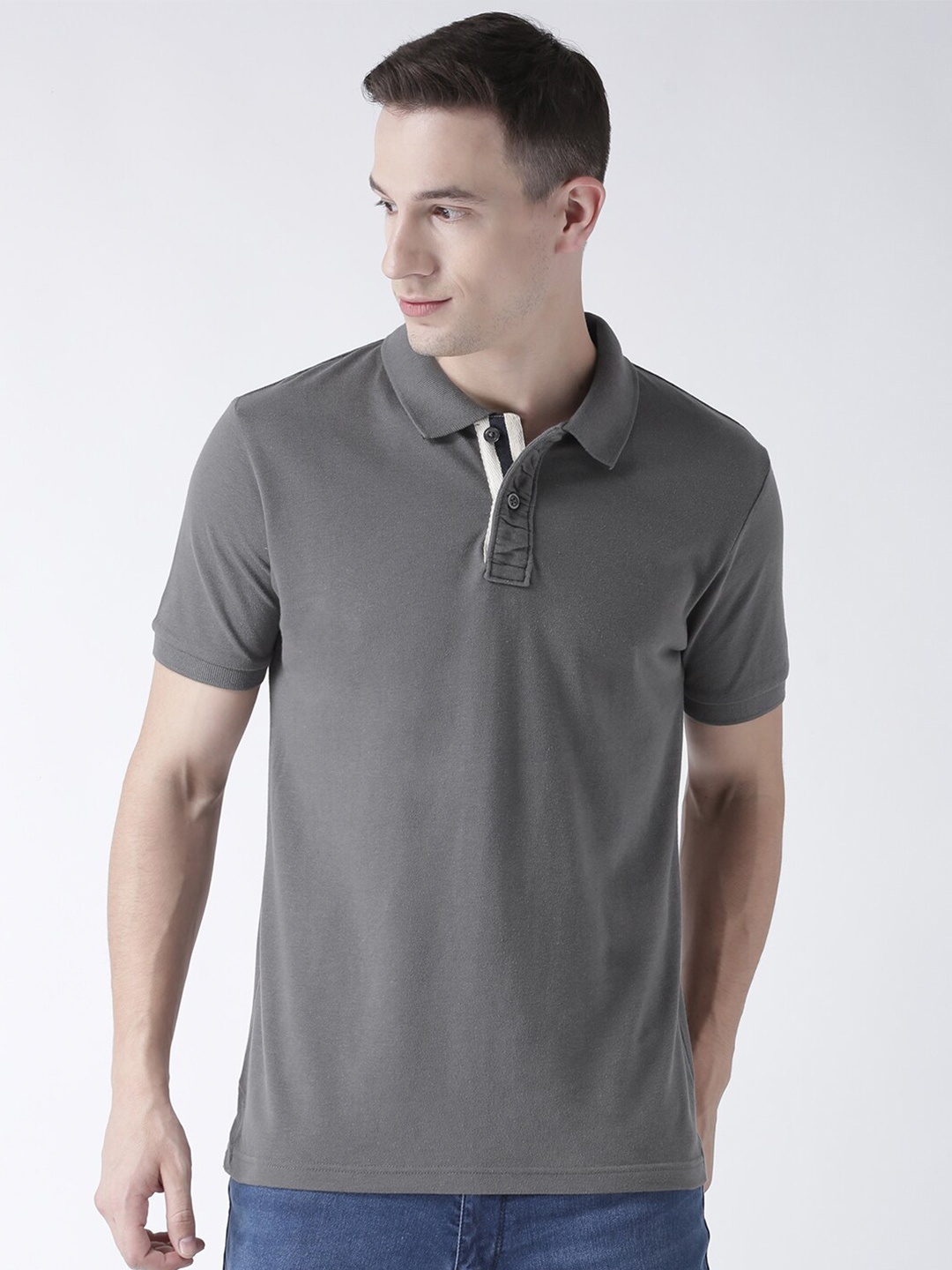 

Club York Men Grey Polo Collar Applique T-shirt