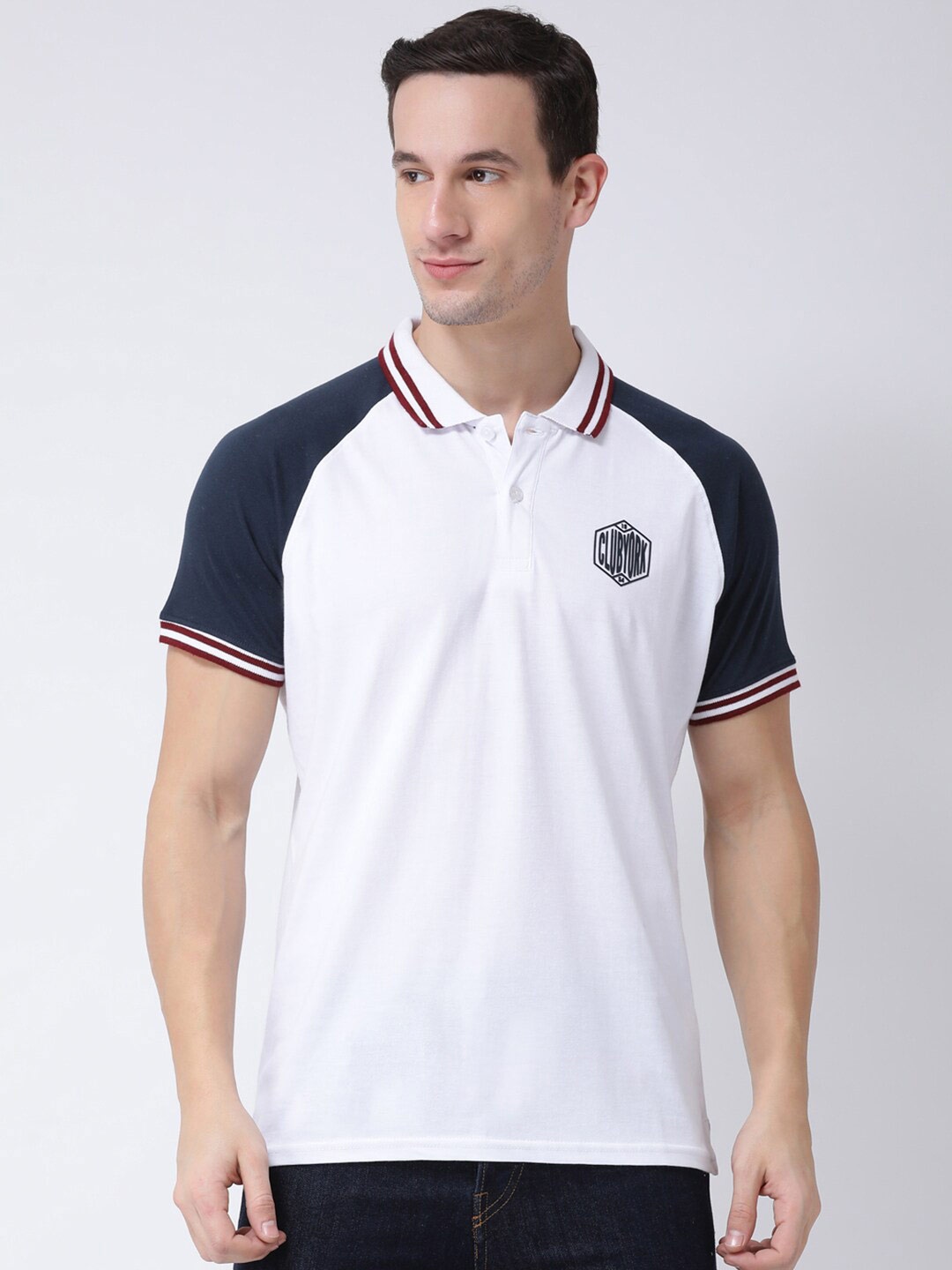 

Club York Men White Navy Blue Colourblocked Polo Collar T-shirt