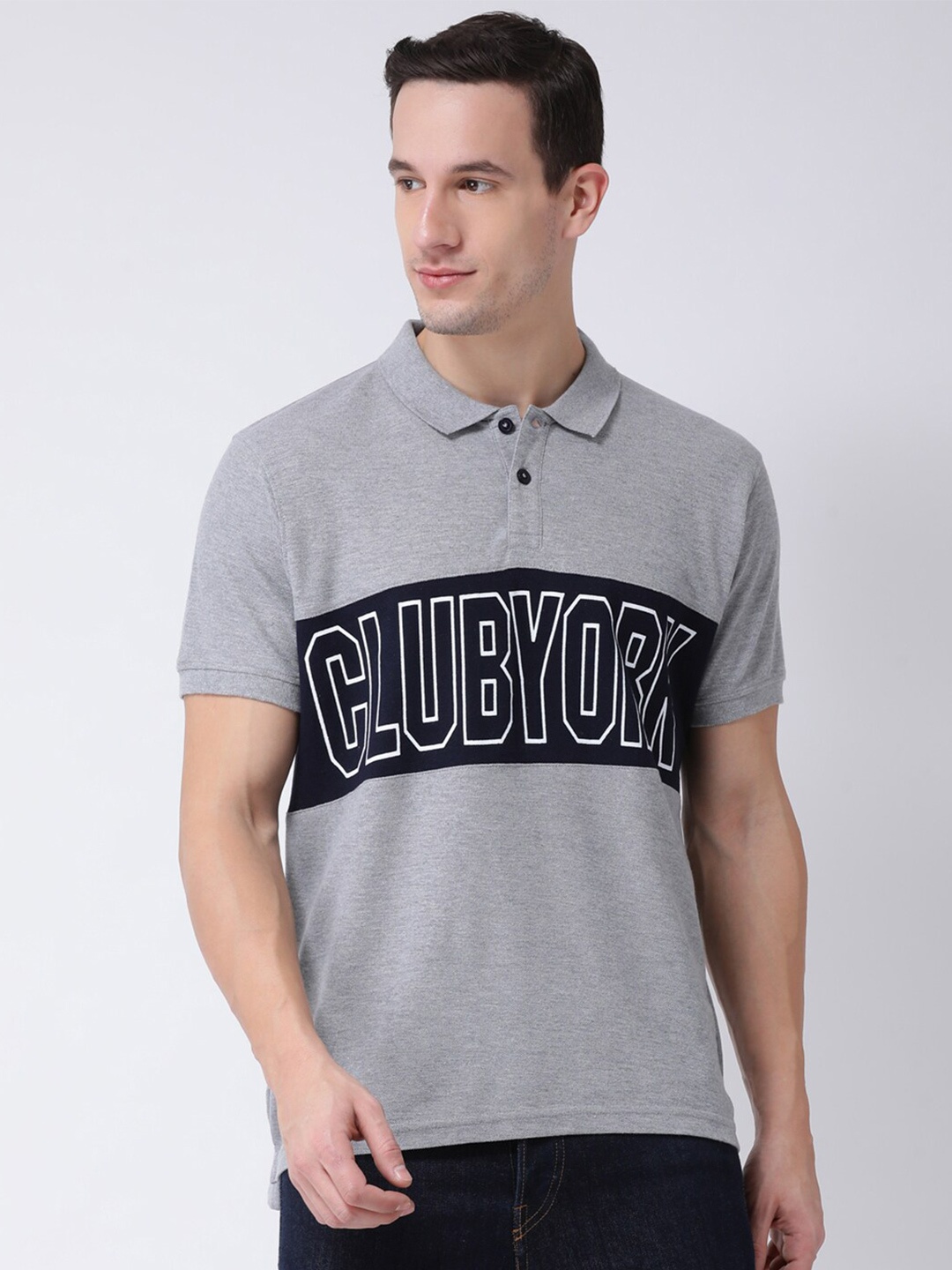 

Club York Men Grey Printed Cotton Polo Collar T-shirt