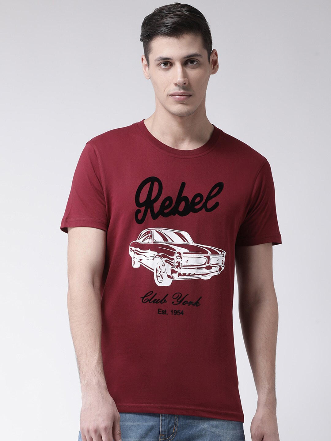 

Club York Men Maroon Biker Printed Raw Edge T-shirt