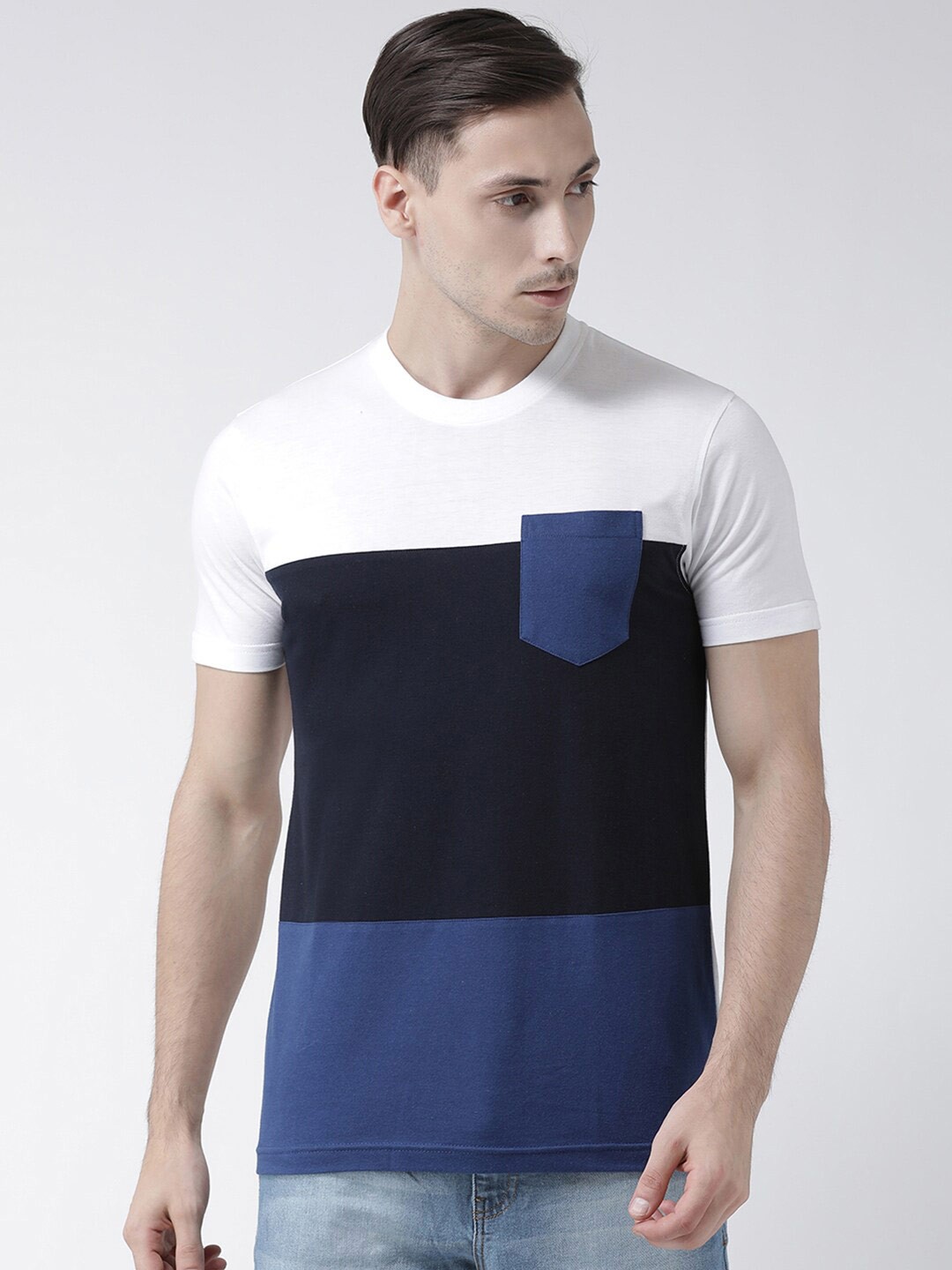 

Club York Men White & Blue Colourblocked T-shirt