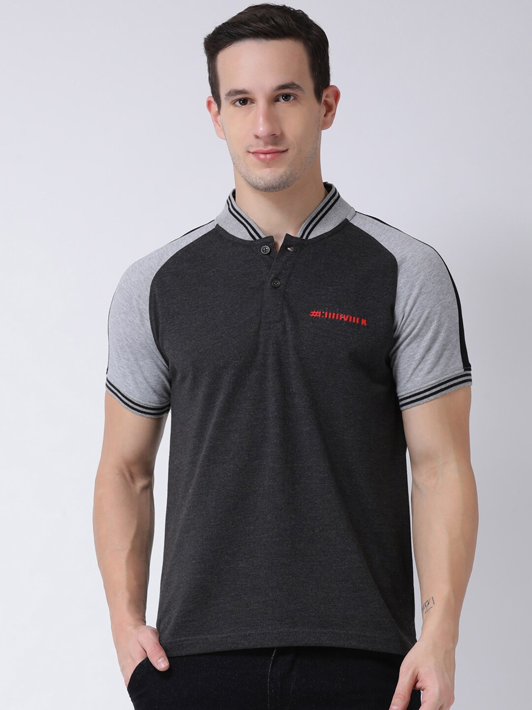 

Club York Men Charcoal Colourblocked Polo Collar T-shirt