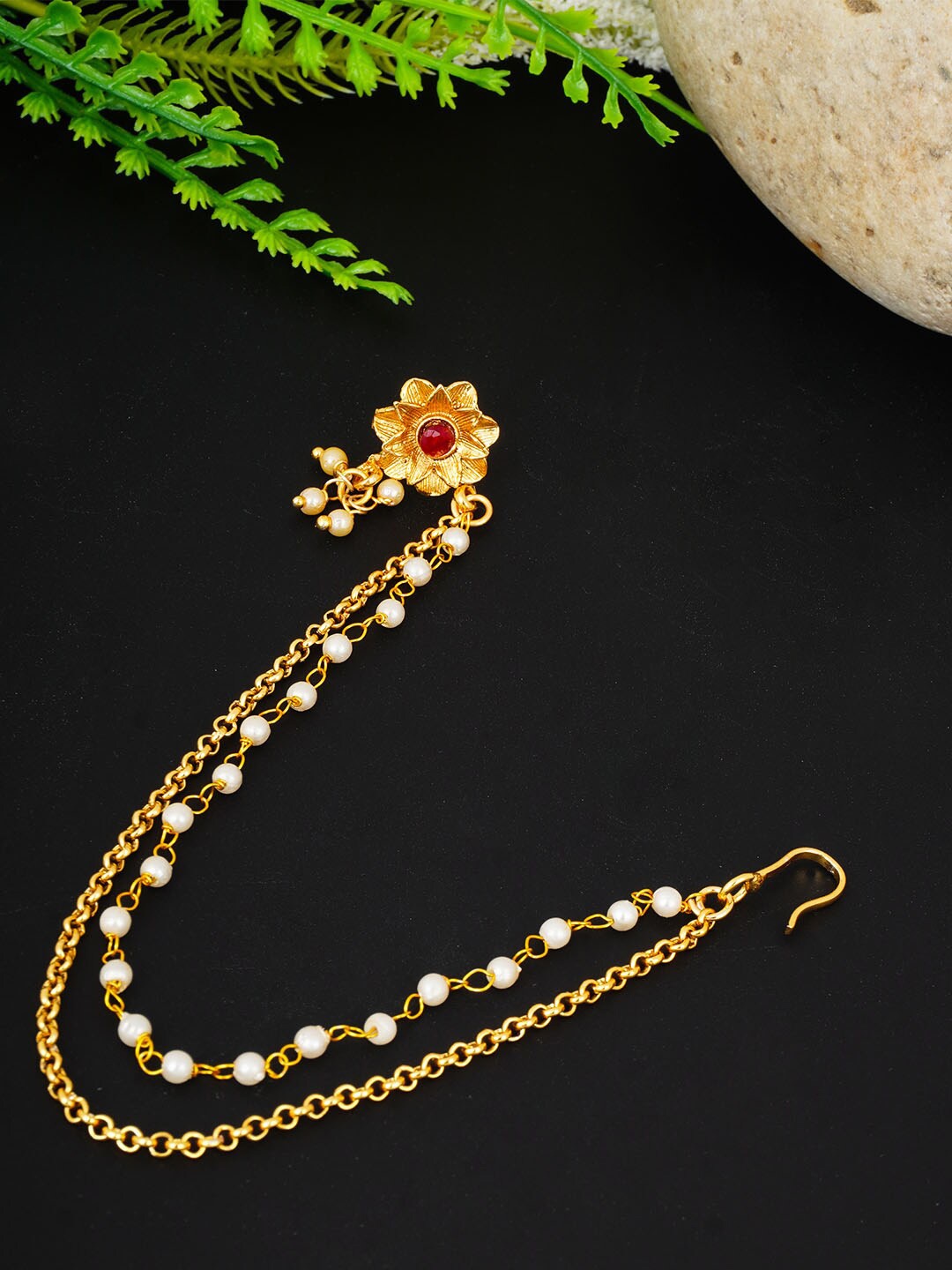 

Urmika Gold-Toned & Pink Stone Studded Chained Nosepin