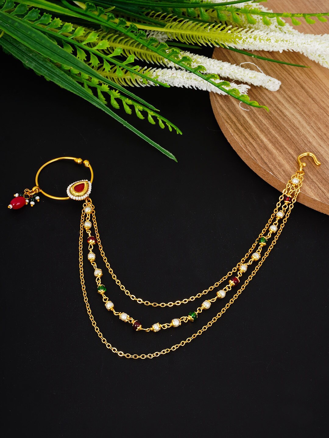 

Urmika Women Gold-Plated Crystal Triple Chain Nath