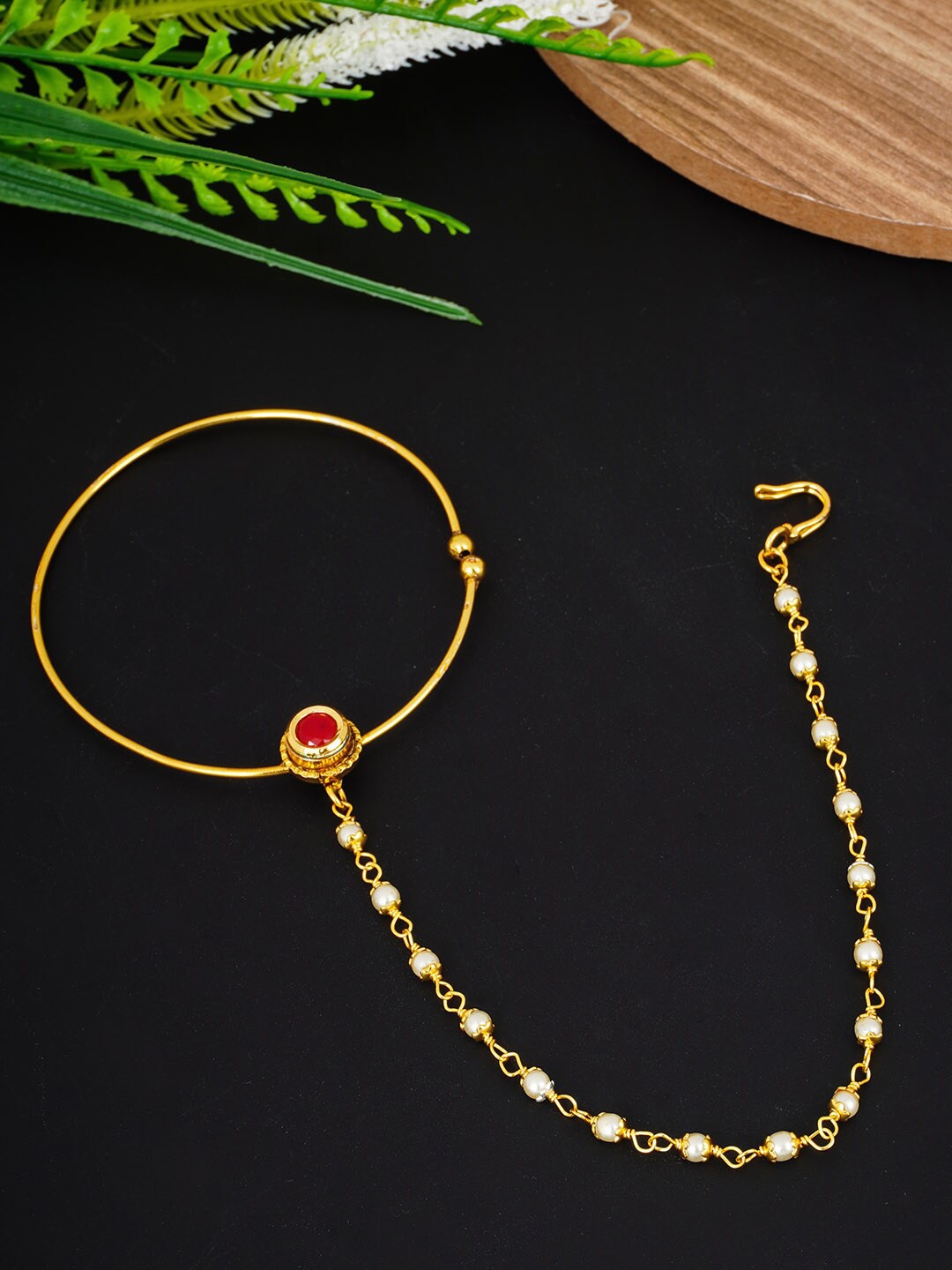 

Urmika Gold-Toned White & Red Stone-Studded & Pearl Beaded Nosepin