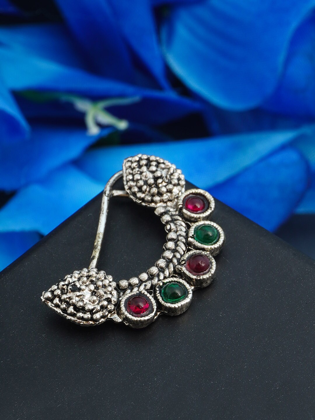 

Urmika Oxidised Silver-Plated Green & Pink Stone Studded Maharashtrian Nath, Multi
