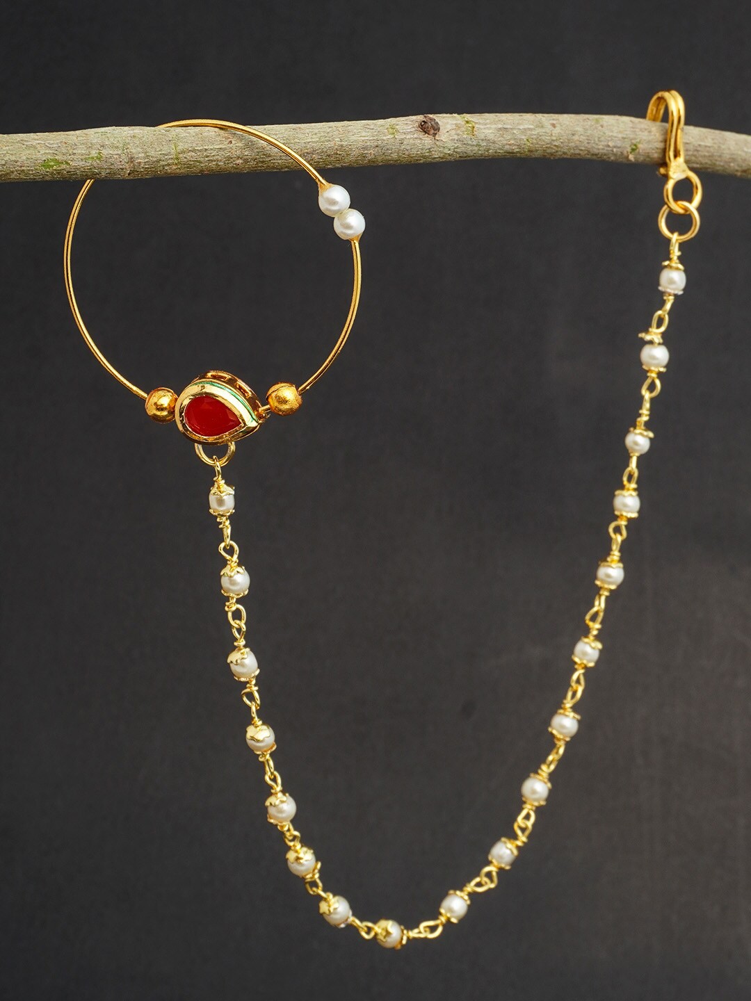 

Urmika Women Gold-Toned White & Red Stone-Studded & Pearl Beaded Nosepin