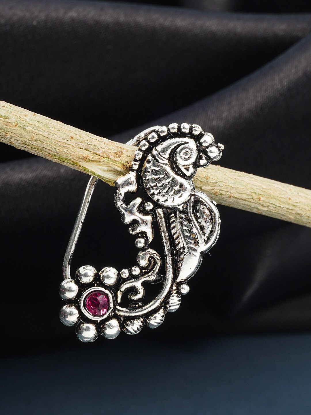 

Urmika Silver-Toned & Pink Crystal Studded Peacock Design Nosepin
