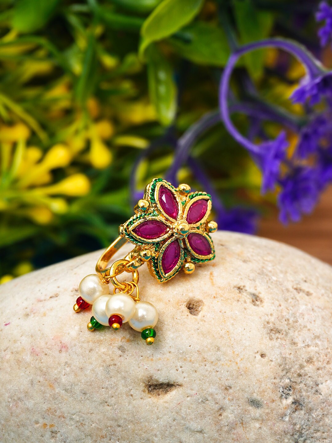 

Urmika Women White & Pink Gold-Plated Stone-Studded & Pearl Beaded Nose Pin