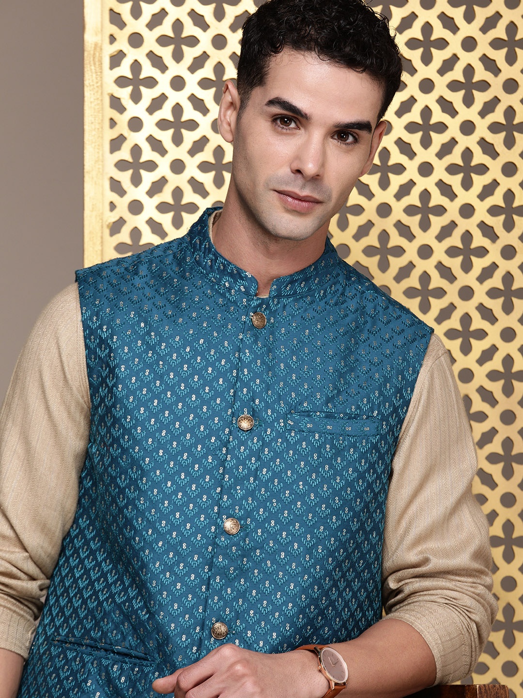 

House Of Pataudi Woven Design Mandarin Collar Rozana Sequinned Nehru Jacket, Teal