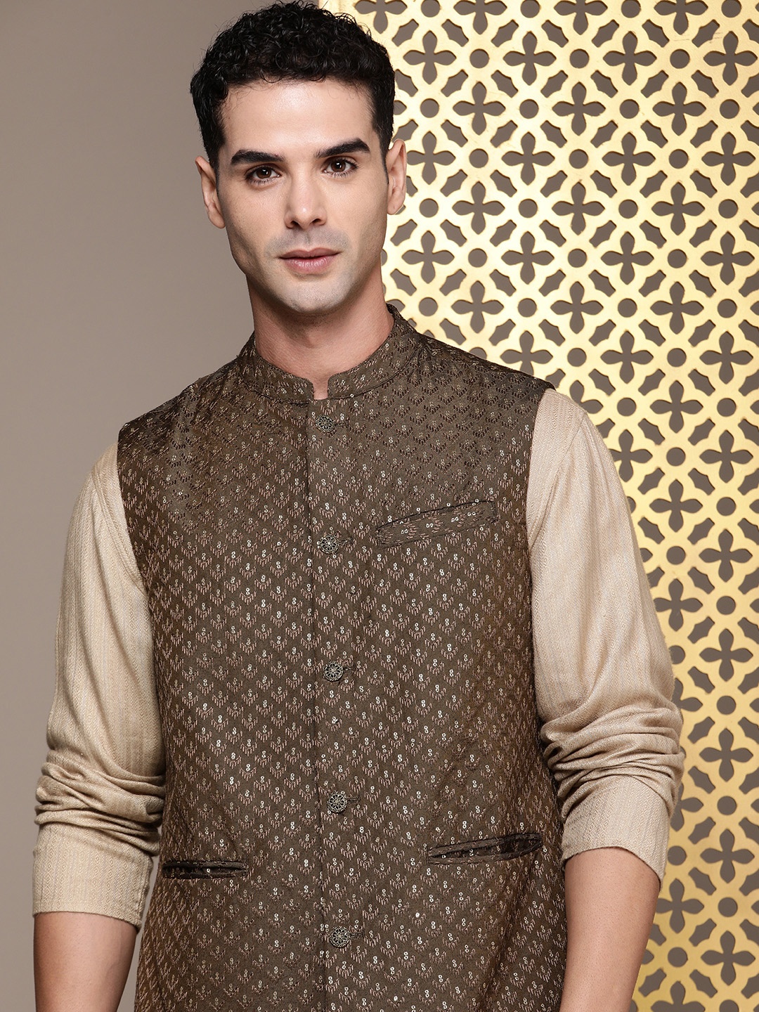 

House Of Pataudi Woven Design Mandarin Collar Rozana Sequinned Nehru Jacket, Brown