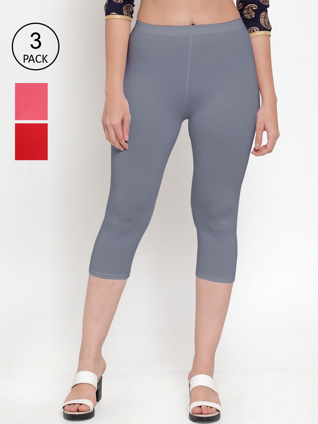

Jinfo Pack of 3 Women Red Cotton Lycra Capris