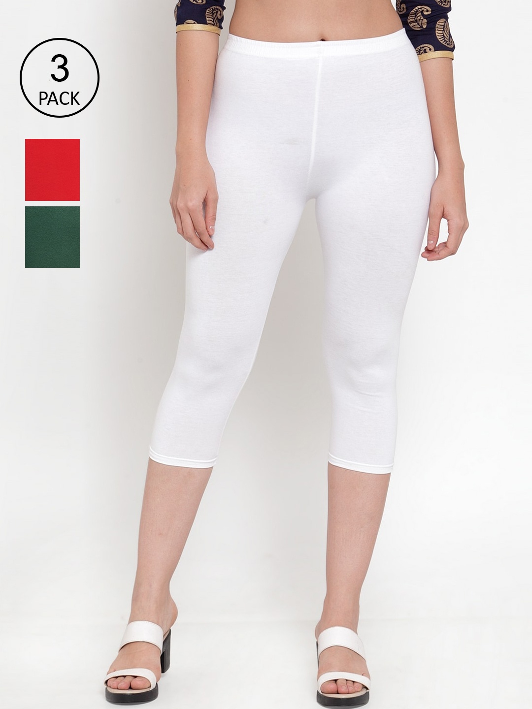 

Jinfo Women Pack of 3 Super Combed Cotton Lycra Slip On Capris, White