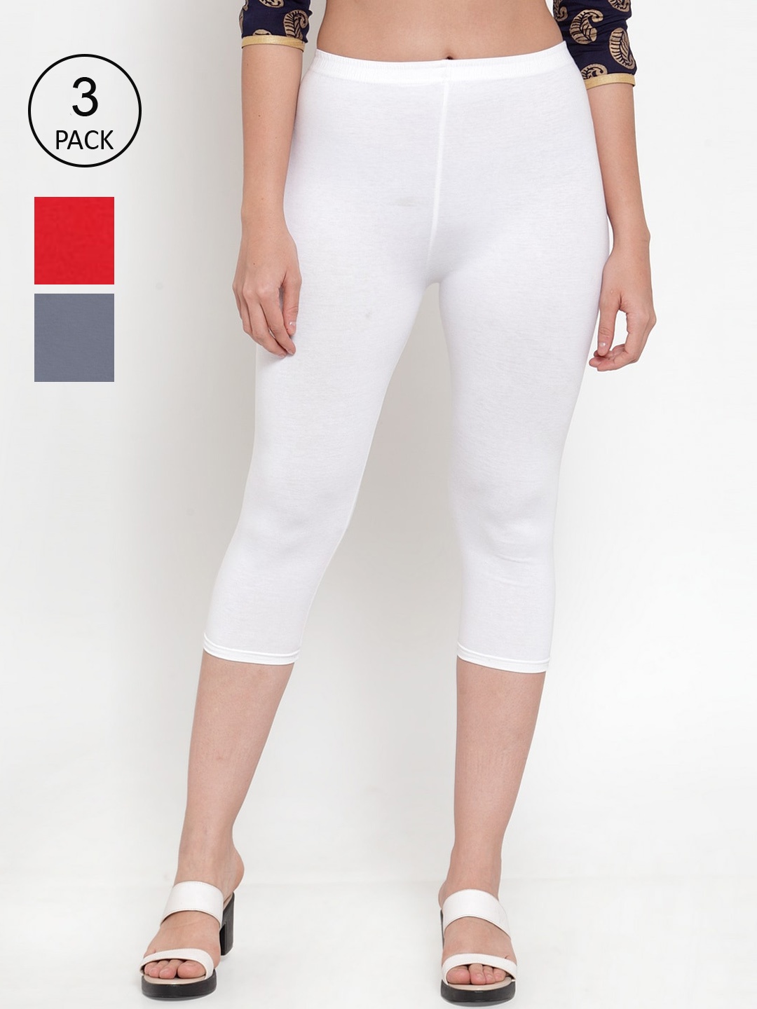 

Jinfo Women Pack Of 3 White Grey & Red Capris