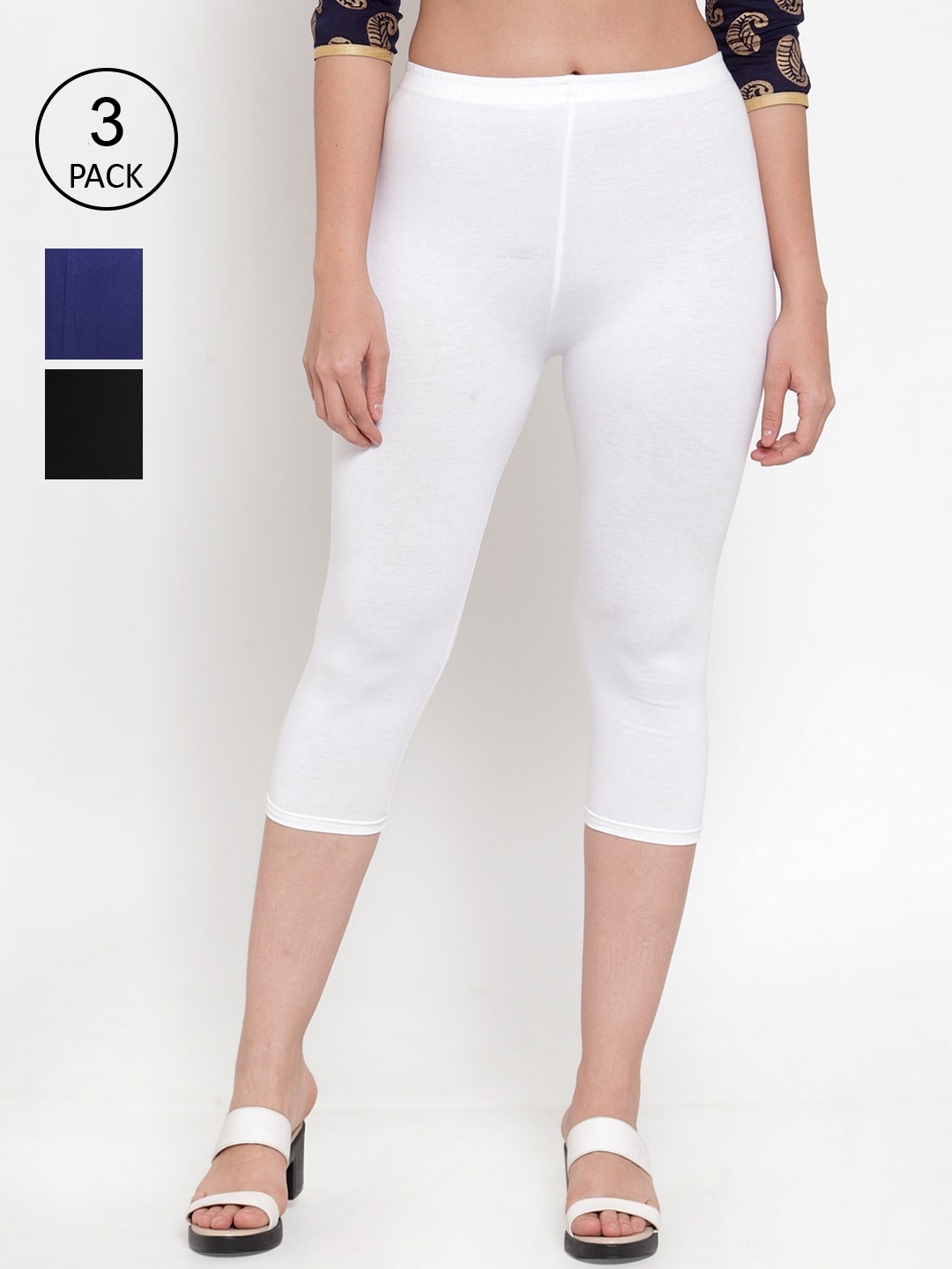

Jinfo Women Black & Blue Pack of 3 Capris