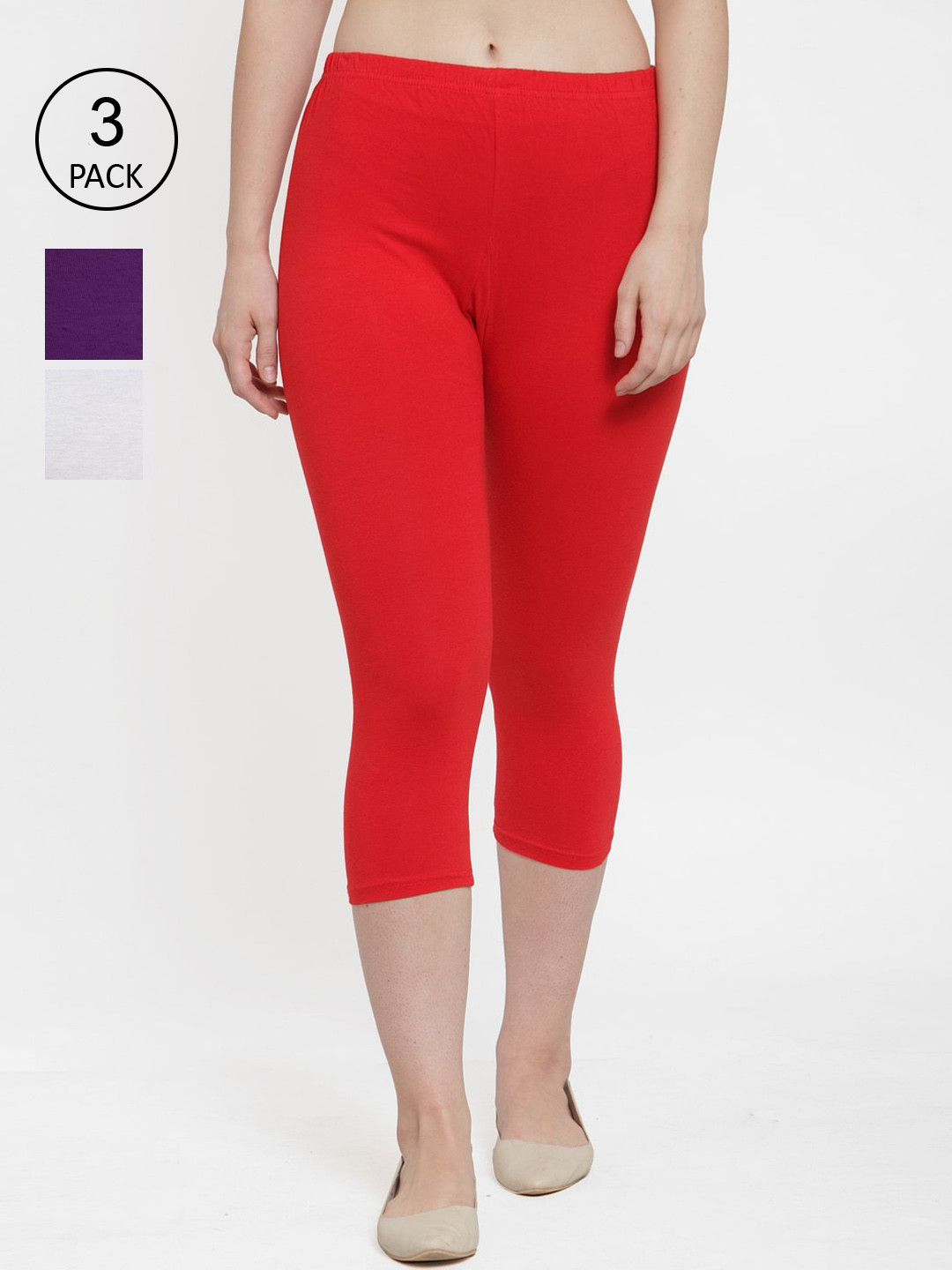 

Jinfo Women White & Red Pack of 3 Slim Fit Cotton Capris
