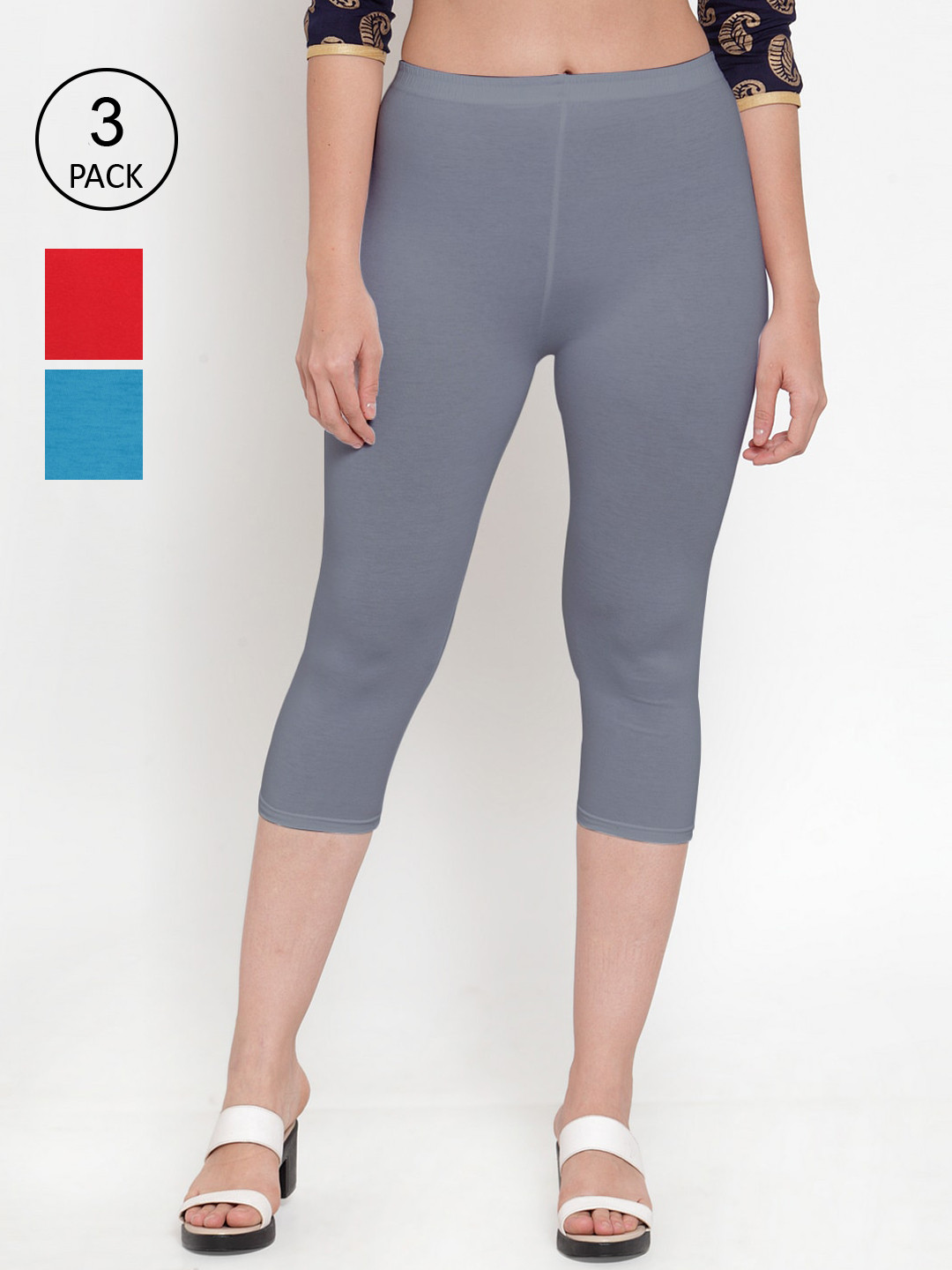 

Jinfo Women Red & Blue Pack of 3 Capris