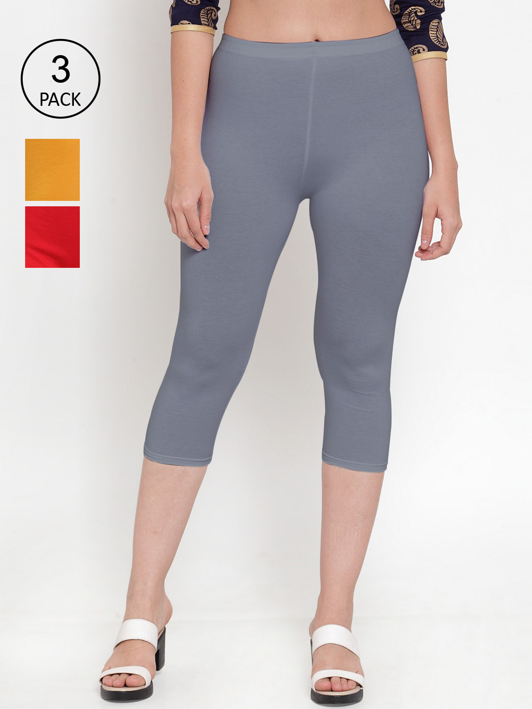 

Jinfo Women Red & Yellow Pack of 3 Capris