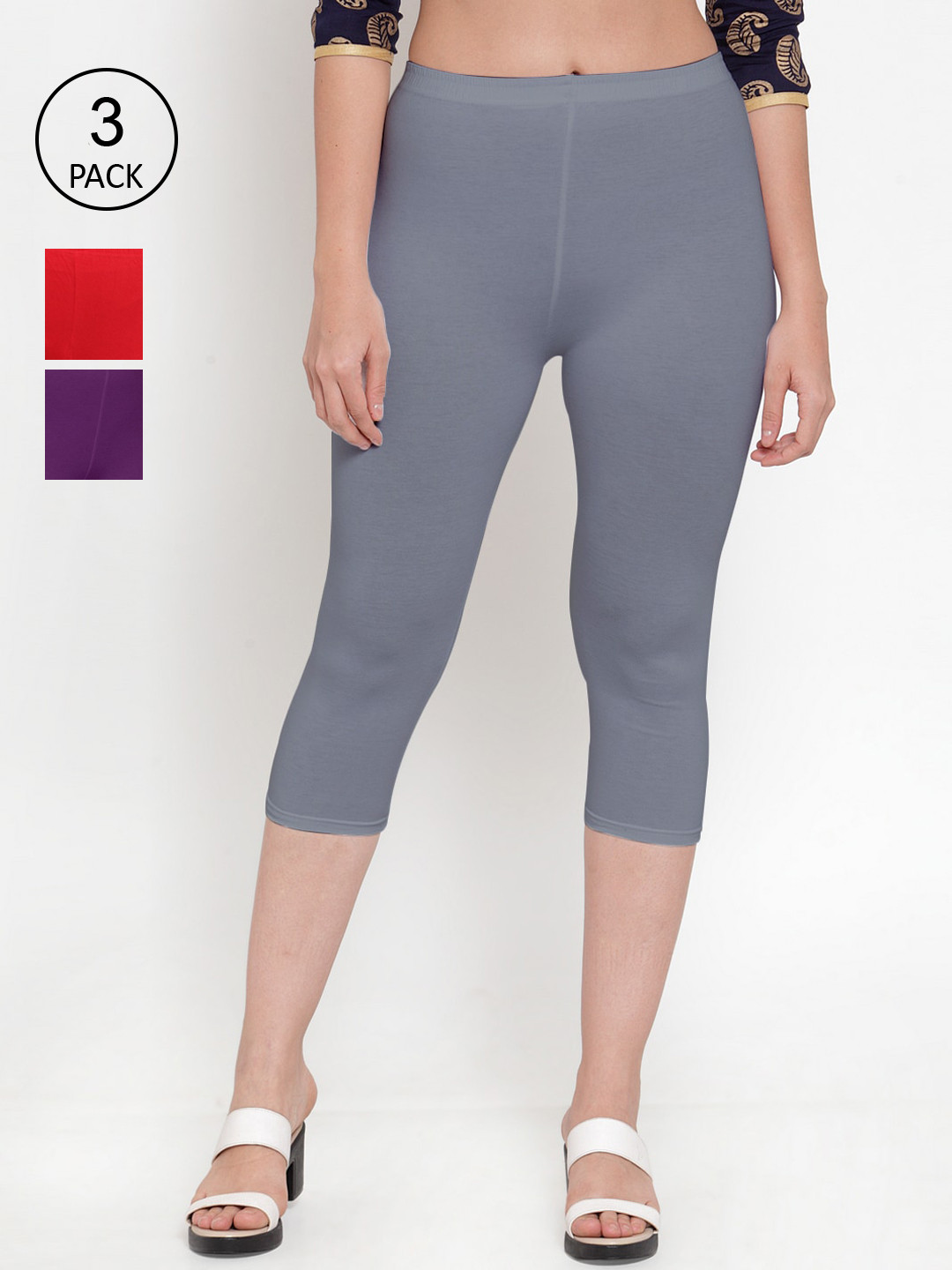 

Jinfo Women Pack of 3 Solid Capris, Red